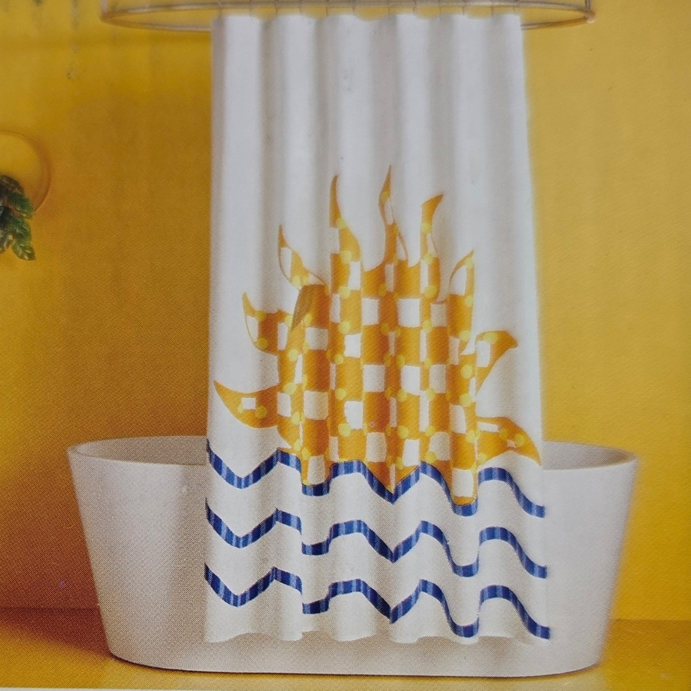 Room Essentials Bath Set Shower Curtain Sun Wave Yellow Blue 72x72 With Hooks